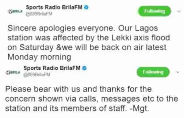 Brila FM Affected By The Lekki Flood, Goes Off Air